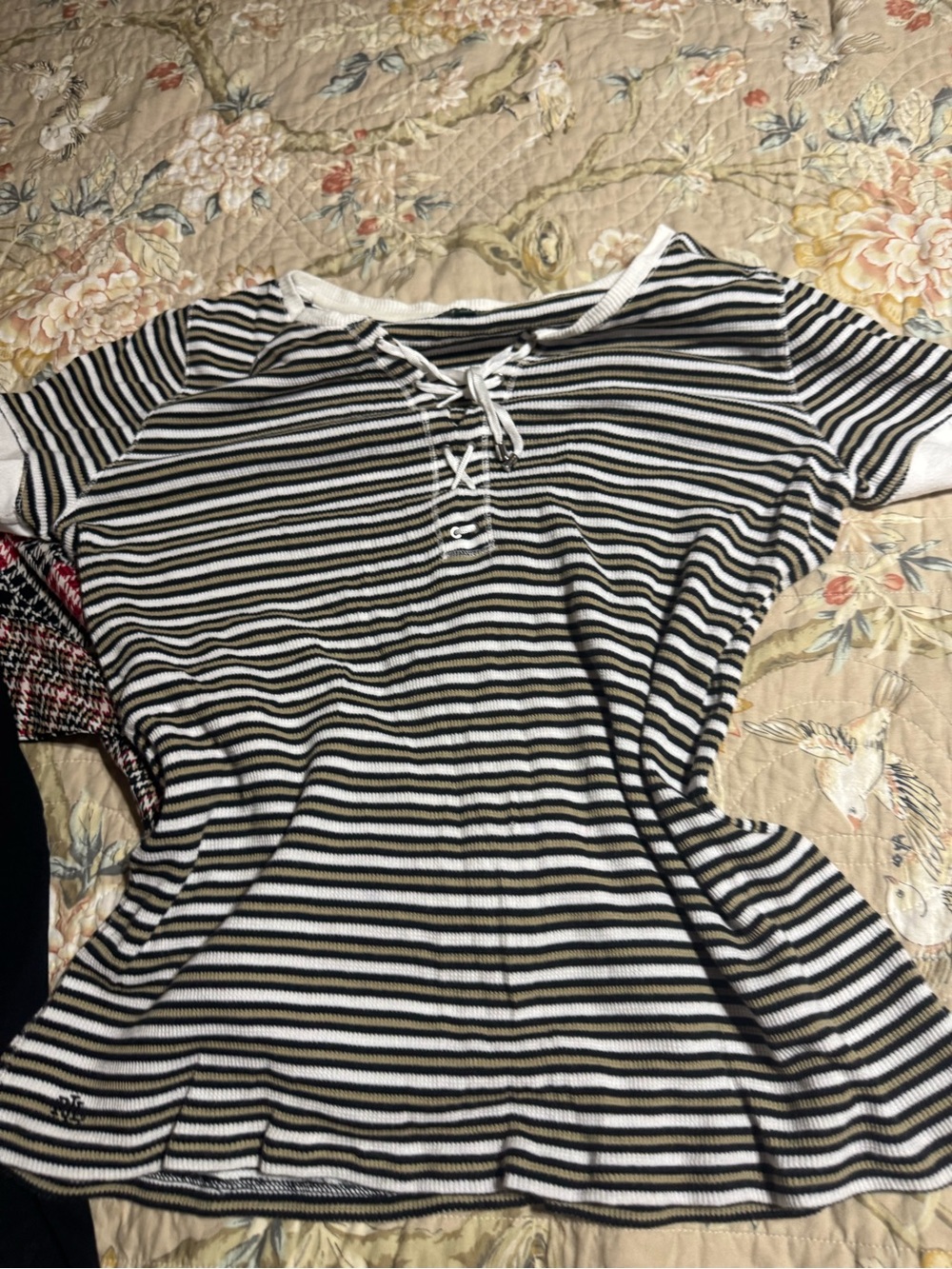 Ralph Lauren Black, White & Tan Striped Lace-Up Ribbed Top